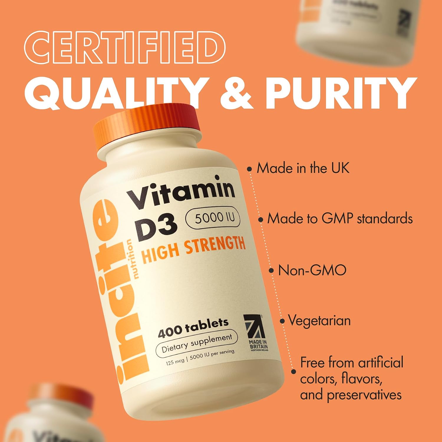 Incite Nutrition Vitamina D3 5000 IU - 400 Microcomprimidos de Colecalciferol - Suplemento Vegetariano - Alta Concentración