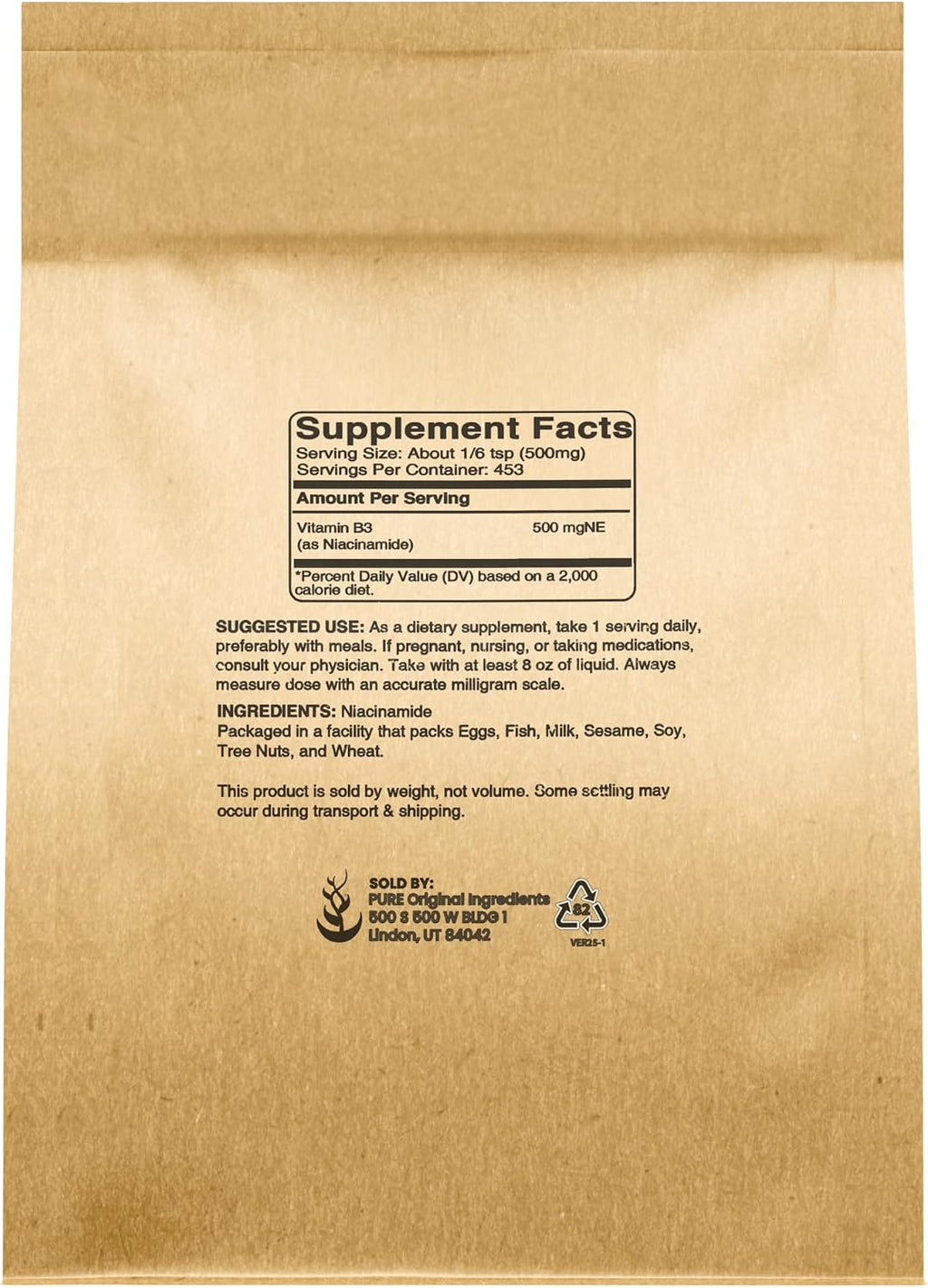 Pure Original Ingredients Niacinamide (8oz) Polvo de Vitamina B3 sin Enrojecimiento