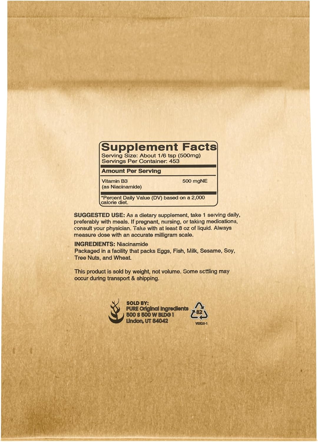 Pure Original Ingredients Niacinamide (8oz) Polvo de Vitamina B3 sin Enrojecimiento