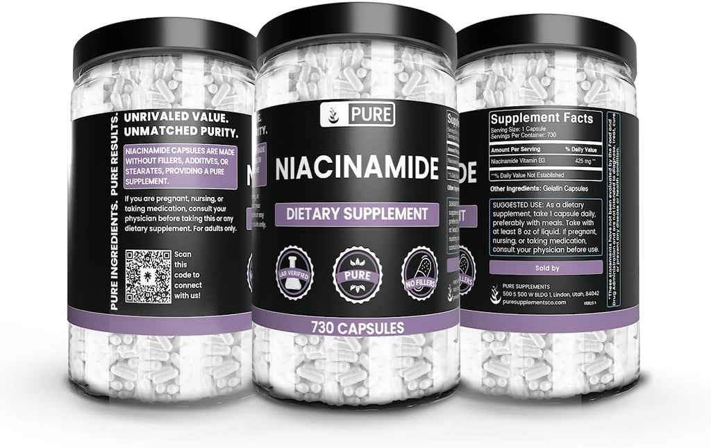 PURE ORIGINAL INGREDIENTS Niacinamida (730 Cápsulas) Sin Rellenos de Magnesio o Arroz, Siempre Pura, Verificada en Laboratorio