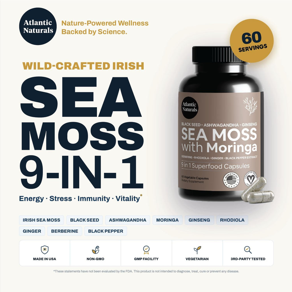 Sea Moss Capsules – Irish Sea Moss con Black Seed Oil, Ashwagandha, Moringa, Ginseng y Ginger – Suplemento Nutricional – 60 Cápsulas
