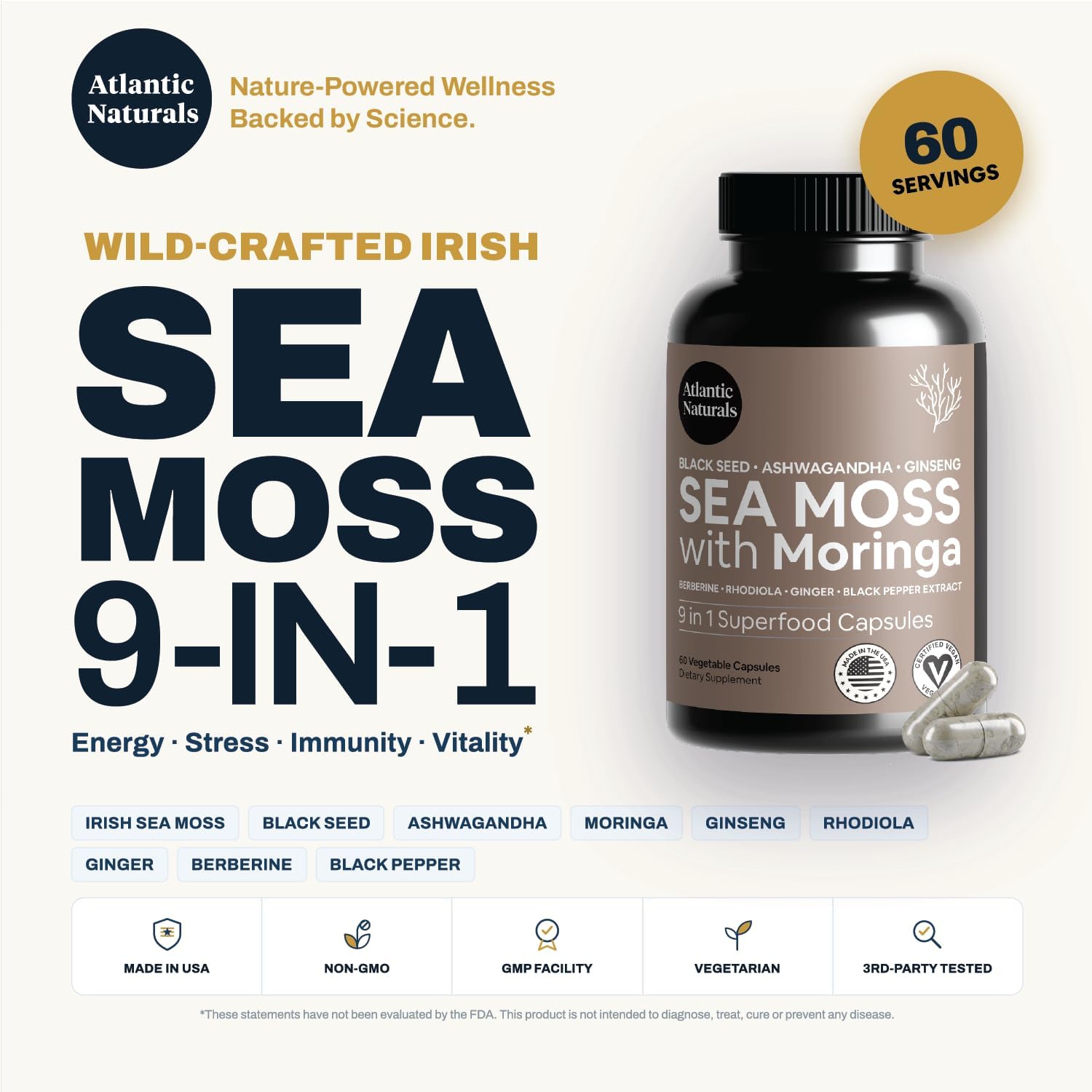 Sea Moss Capsules – Irish Sea Moss con Black Seed Oil, Ashwagandha, Moringa, Ginseng y Ginger – Suplemento Nutricional – 60 Cápsulas