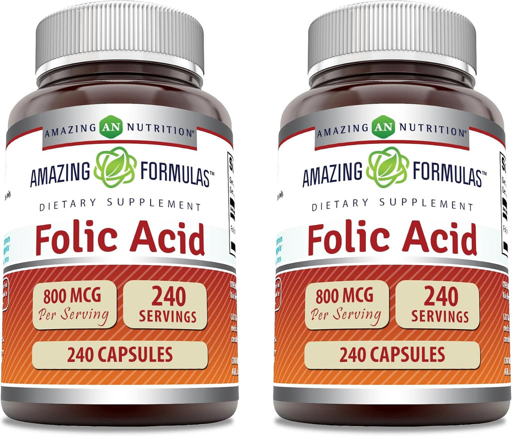 Amazing Formulas Ácido Fólico (Vitamina B9) 800 mcg - 240 Cápsulas - No-GMO, Sin Gluten