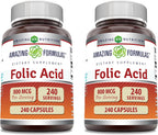 Amazing Formulas Ácido Fólico (Vitamina B9) 800 mcg - 240 Cápsulas - No-GMO, Sin Gluten