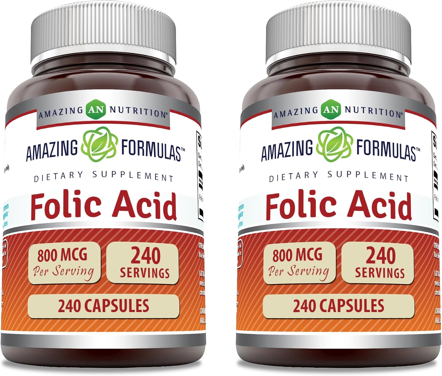 Amazing Formulas Ácido Fólico (Vitamina B9) 800 mcg - 240 Cápsulas - No-GMO, Sin Gluten