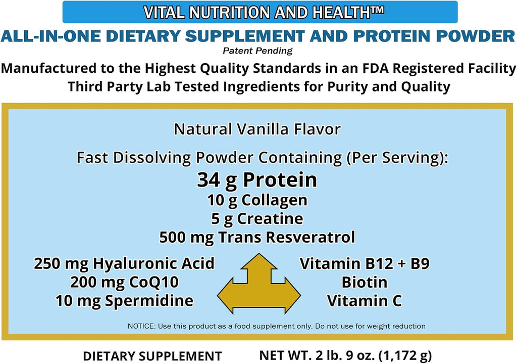 Vital Nutrition and Health Polvo All-in-One: Proteína, Colágeno, Creatina, Resveratrol, Espermidina, Ácido Hialurónico, CoQ10 + Vitaminas Clave