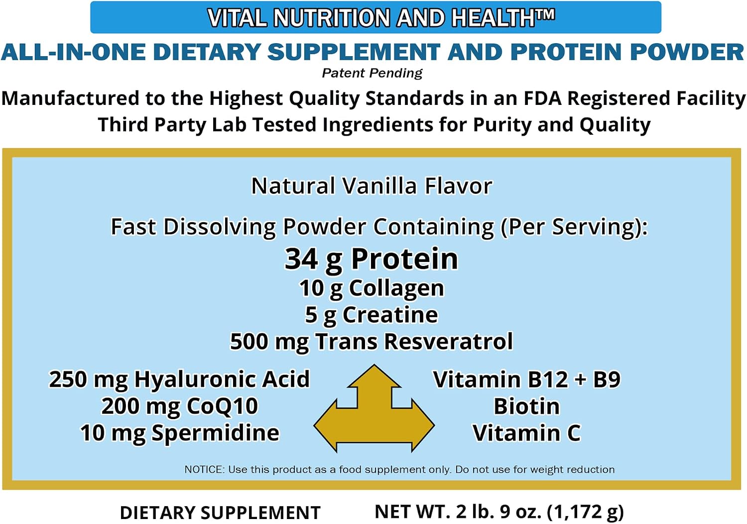 Vital Nutrition and Health Polvo All-in-One: Proteína, Colágeno, Creatina, Resveratrol, Espermidina, Ácido Hialurónico, CoQ10 + Vitaminas Clave