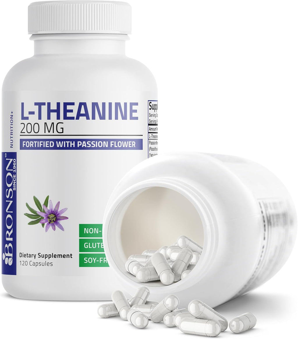 Bronson L-Teanina 200mg (Doble Concentración) con Passiflora - 120 Cápsulas