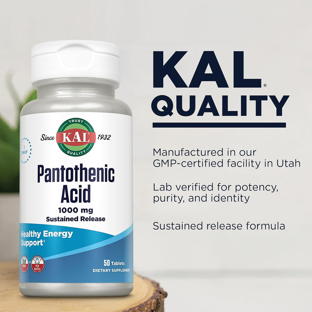 KAL Ácido Pantoténico 1000mg, Liberación Sostenida - Vitamina B5
