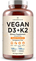 AMANDEAN Vitamina D3 K2 Vegana 5000 UI con K2 MK-7, 120 Cápsulas Blandas