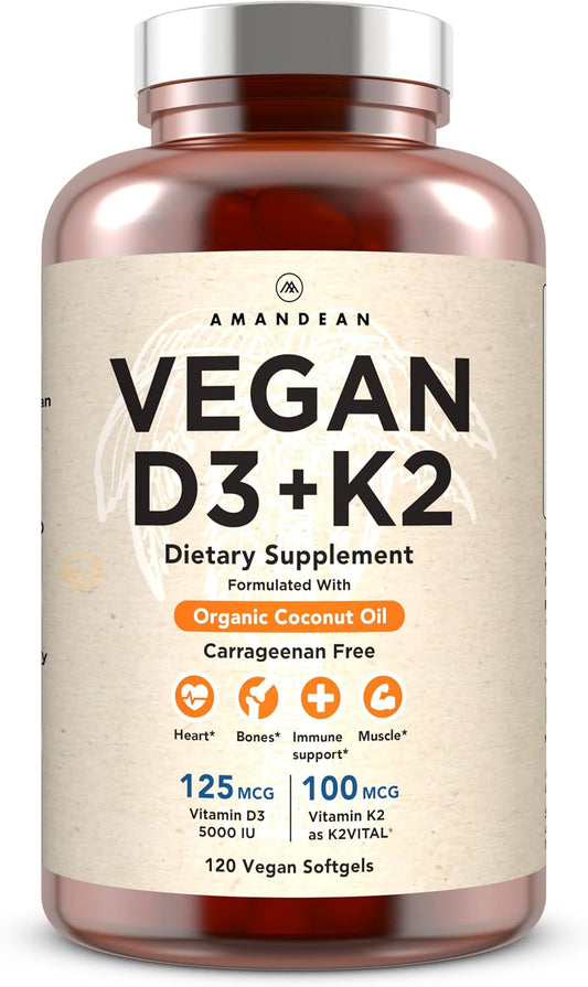 AMANDEAN Vitamina D3 K2 Vegana 5000 UI con K2 MK-7, 120 Cápsulas Blandas