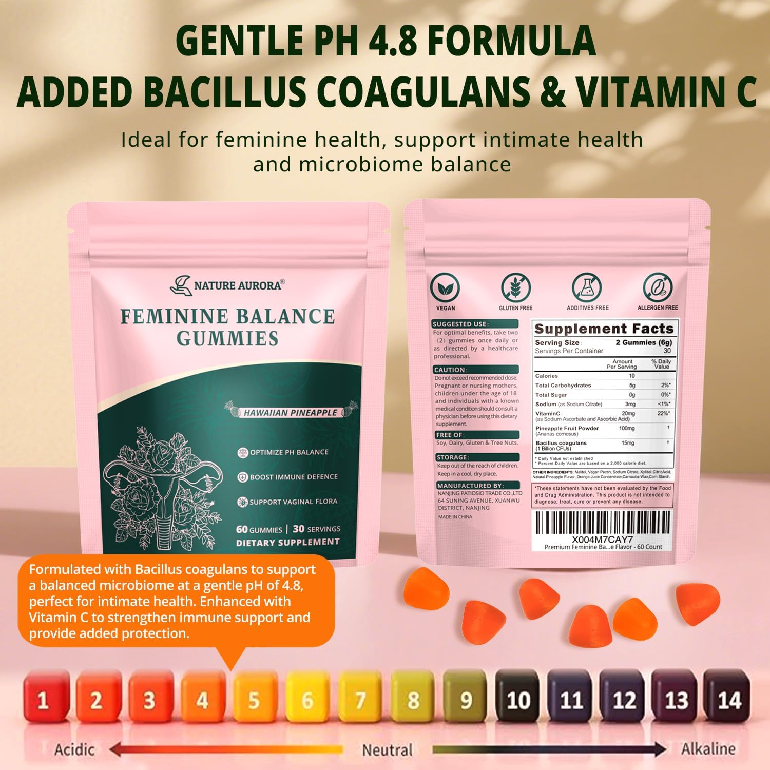 Nature Aurora Premium Feminine Balance Gummies - Apoyo al Equilibrio Femenino y Probióticos Vaginales con Vitamina C - Sabor a Piña Hawaiana - 60 Gomitas