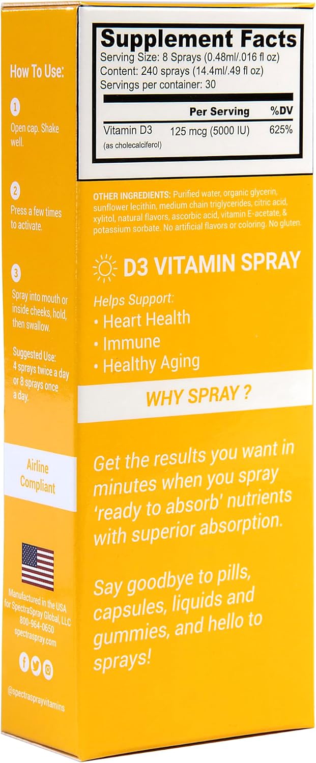 Spectraspray Vitamina D3 Spray 5000 UI - Suplemento Líquido de Vitamina D3, 30 Dosis