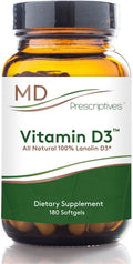 MD Prescriptives Vitamina D3 180 Cápsulas Blandas - 125 mcg (5000 UI) - Máxima Absorción para Huesos, Músculos e Inmunidad - No GMO, Vegetariano