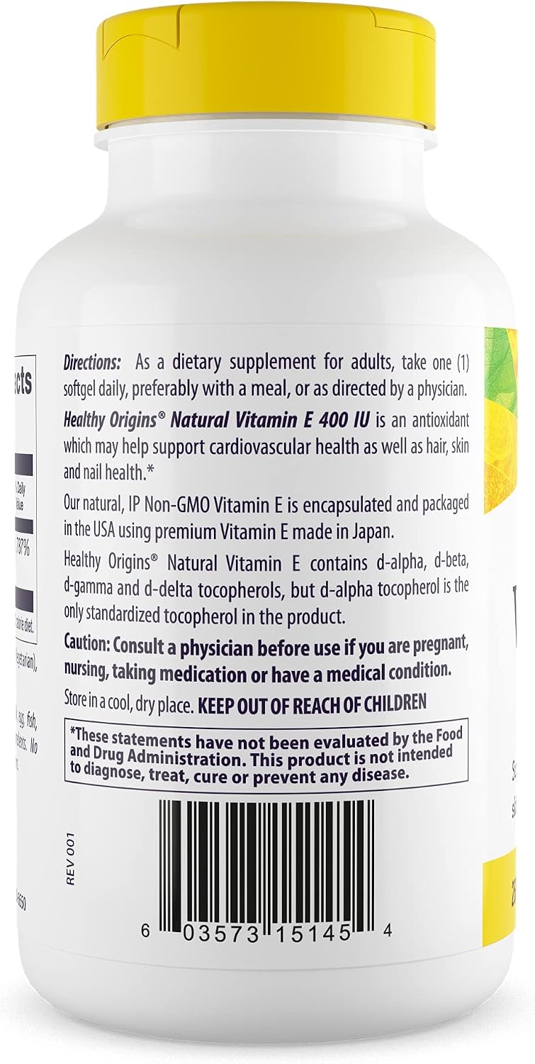 Healthy Origins Vitamin E 400 IU (268 mg), 180 Softgels - Natural Mixed Tocopherols