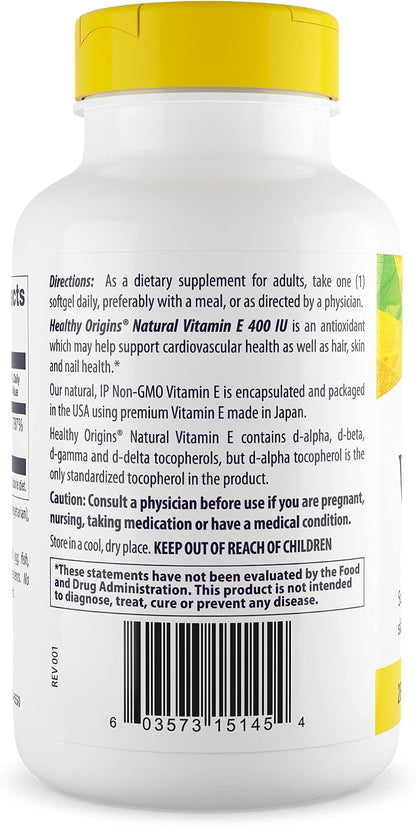 Healthy Origins Vitamina E 400 UI (268 mg), 180 Cápsulas Blandas - Tocoferoles Mixtos Naturales – Image 2