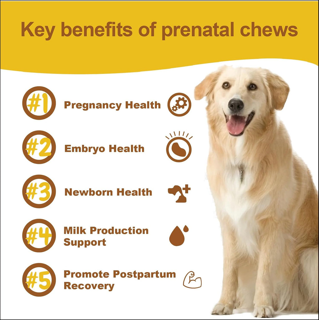 Vitaminas prenatales para perras embarazadas y lactantes - Apoya el embarazo saludable, el crecimiento de los cachorros y la lactancia - con ácido fólico, hierro y calcio - 120 masticables suaves