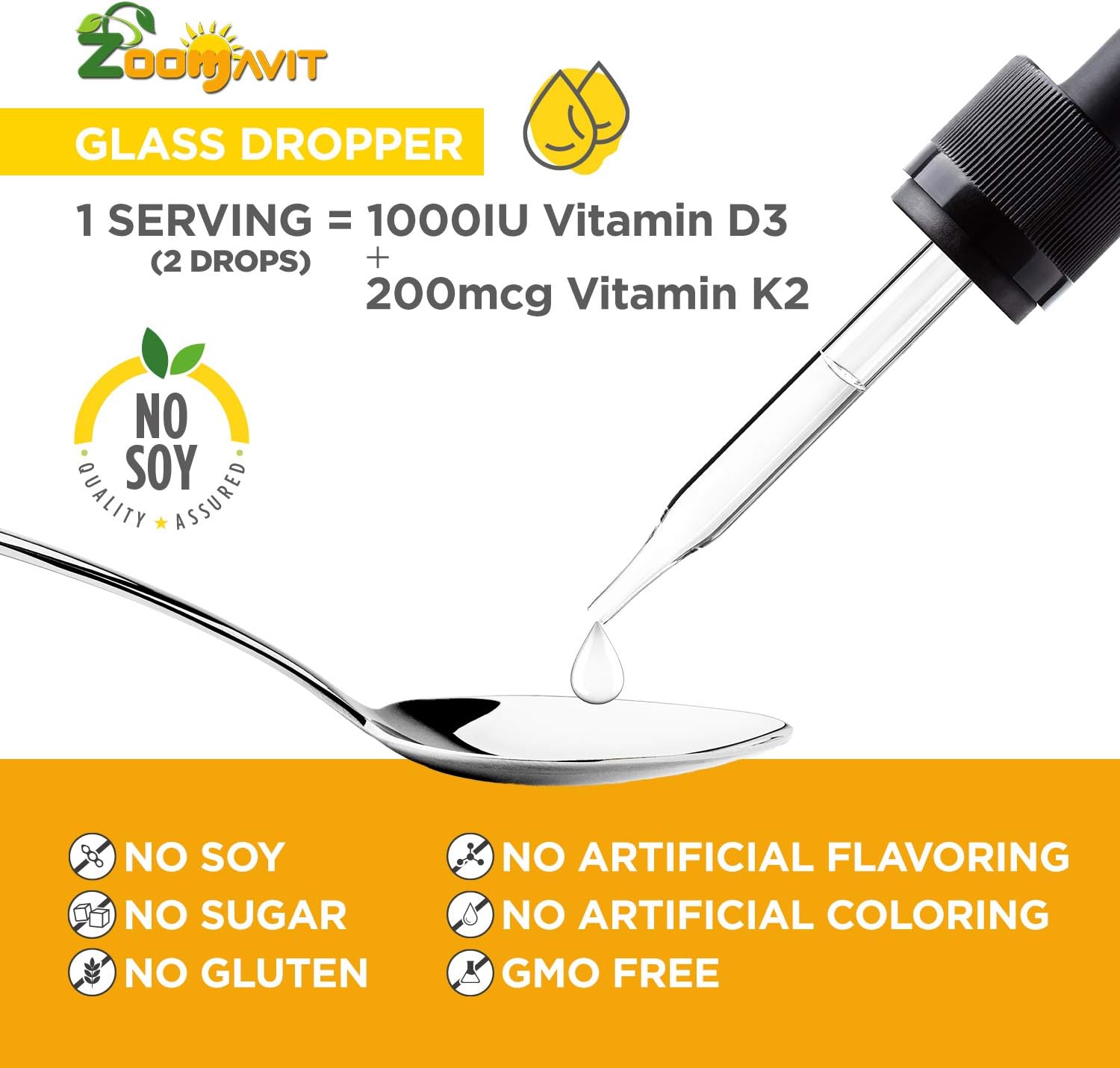 Zoomavit Vegan Liquid Drops Vitamina D3 K2 (MK7) - 100% Vegetal - 1000 UI D3 + 200 mcg K2 por dosis
