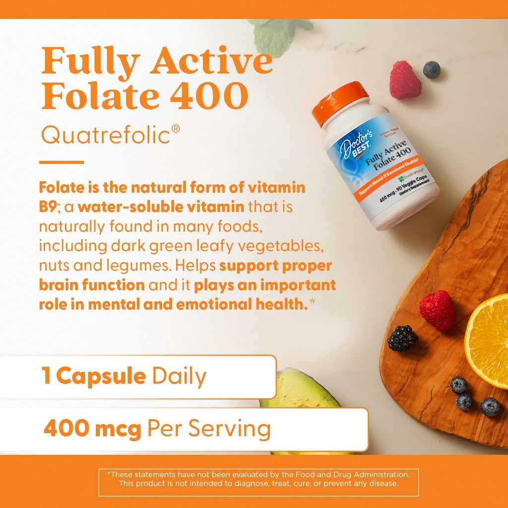 Doctor's Best Folato Activo con Quatrefolic 400 mcg, 90 cápsulas