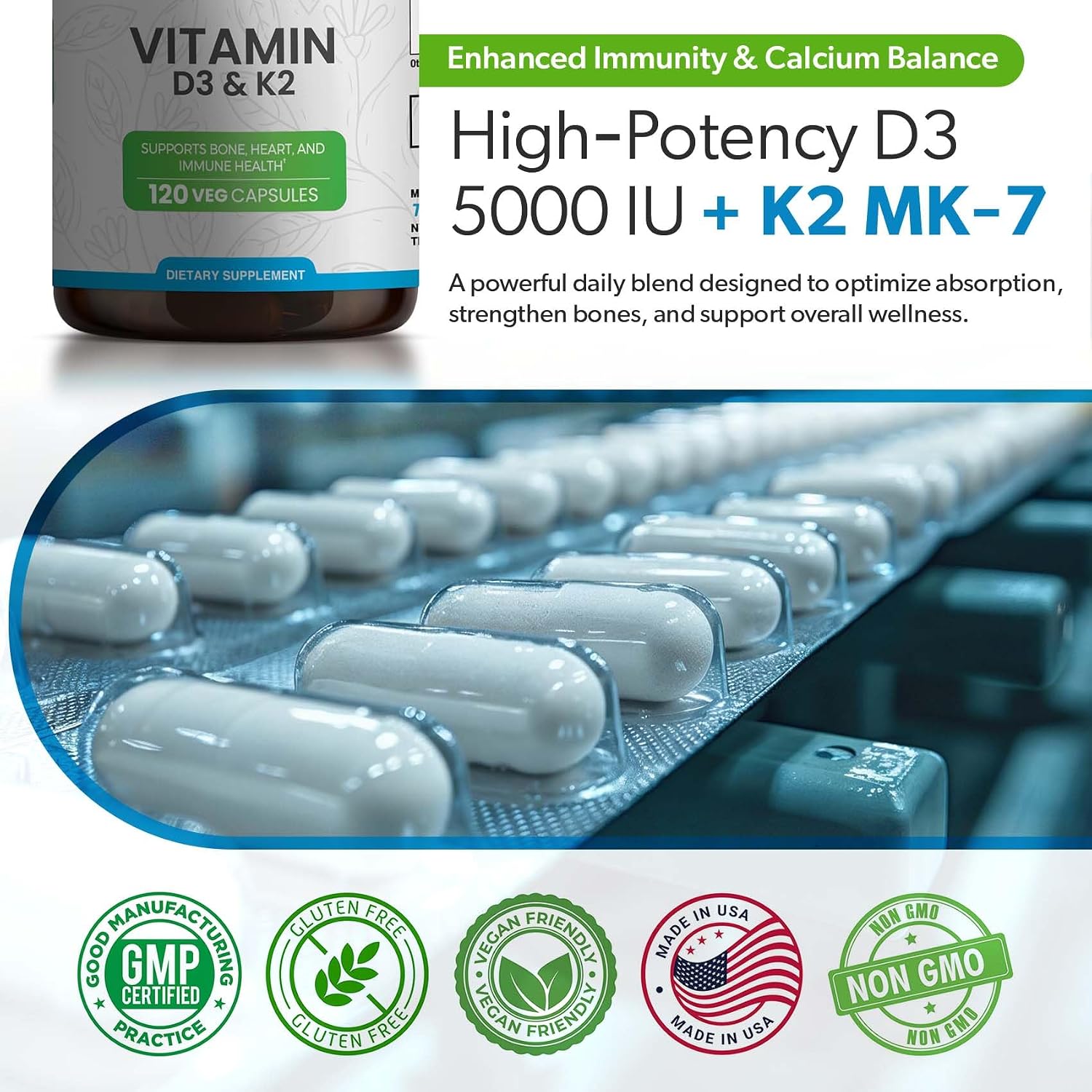 TrueMed Vitamina D3 K2 5000 UI (MK-7 125 mcg) – 120 Cápsulas Veganas – Suplemento de D3 y K2 para Huesos, Corazón e Inmunidad