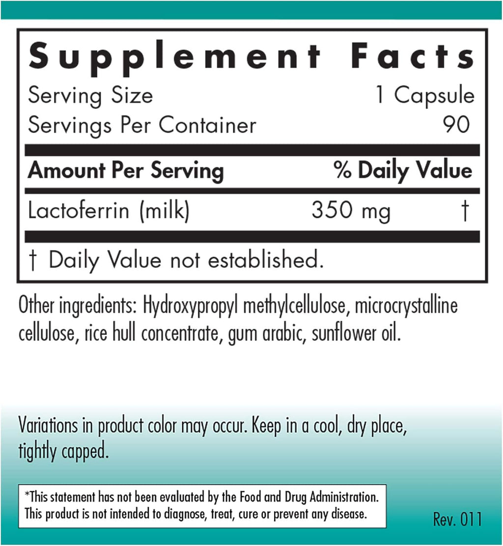 Nutricology Lactoferrin - Lactoferrina 350 mg, Bovine Colostrum, 90 Vegan Capsules