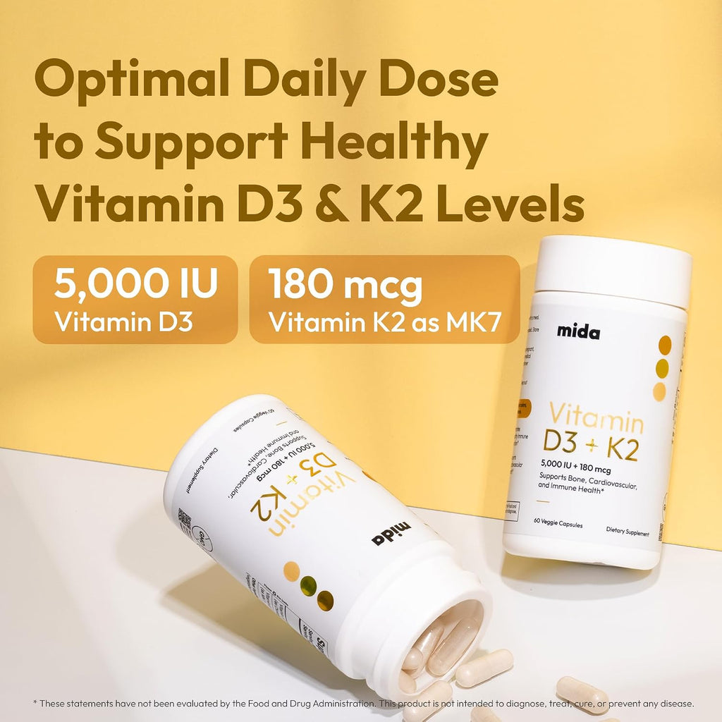 Vitamina D3 K2 5000 UI con MK7 (180 mcg) - Suplemento Natural para Huesos, Corazón e Inmunidad - Cápsulas Veganas - 60 Cápsulas