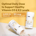 Vitamina D3 K2 5000 UI con MK7 (180 mcg) - Suplemento Natural para Huesos, Corazón e Inmunidad - Cápsulas Veganas - 60 Cápsulas