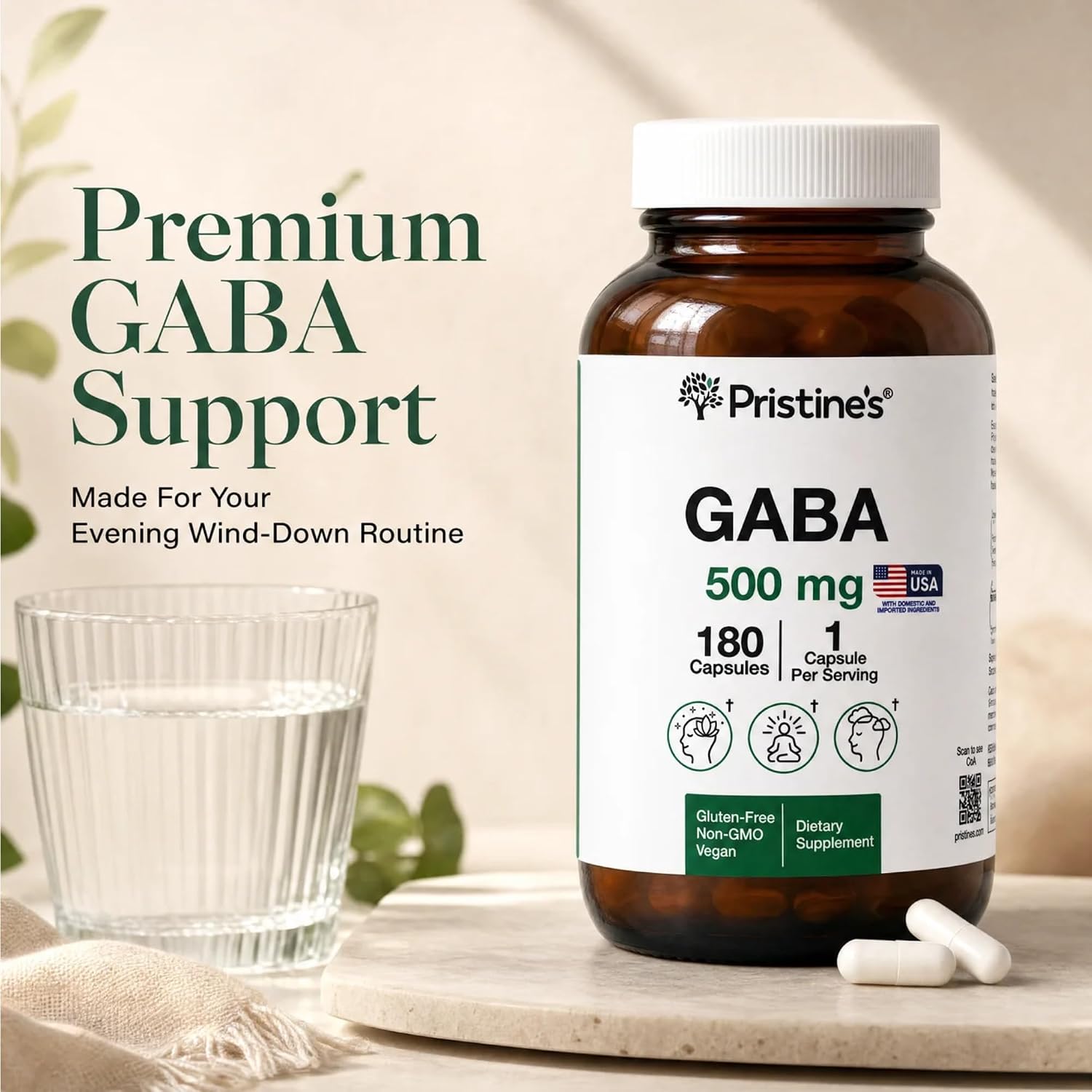 PRISTINE'S GABA 500mg - Apoyo al Sueño y Relajación - 180 Cápsulas
