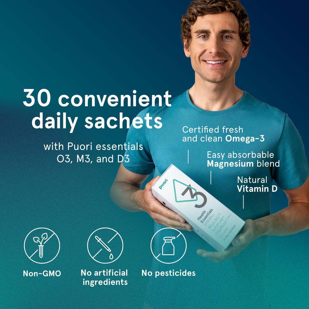 Puori P3 Health Essentials: Complejo de Magnesio, Zinc, Omega 3 y Vitamina D3 - Multivitamínico Diario para Hombres y Mujeres - 30 Sobres