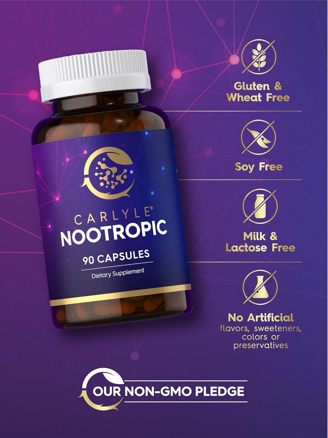 Carlyle Brain Nootropic Supplement | 90 Cápsulas | con Cafeína, B12 y Extracto de Guaraná | No-GMO y Sin Gluten