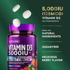 Built by Nature Vitamina D3 Masticable 5000 UI, 60 Comprimidos - Sin Azúcar, Sabor Natural a Bayas