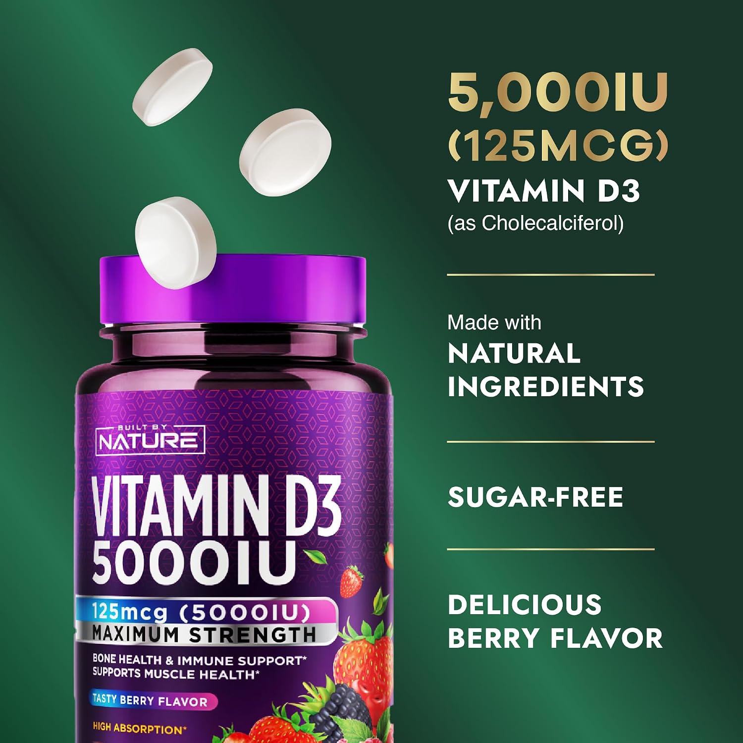 Built by Nature Vitamina D3 Masticable 5000 UI, 60 Comprimidos - Sin Azúcar, Sabor Natural a Bayas