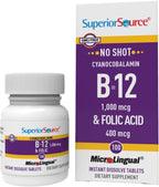 Superior Source No Shot Vitamina B12 Cianocobalamina 1000 mcg y Ácido Fólico 400 mcg - 100 Comprimidos Sublinguales