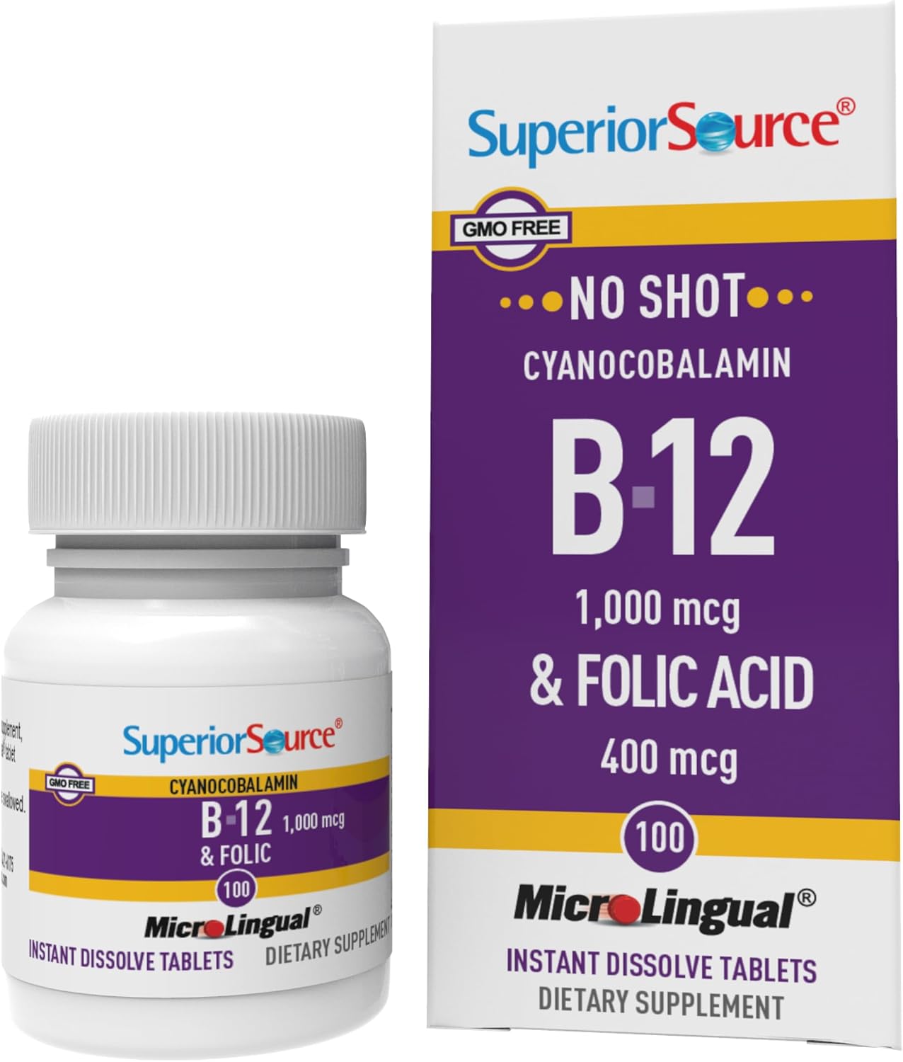 Superior Source No Shot Vitamina B12 Cianocobalamina 1000 mcg y Ácido Fólico 400 mcg - 100 Comprimidos Sublinguales