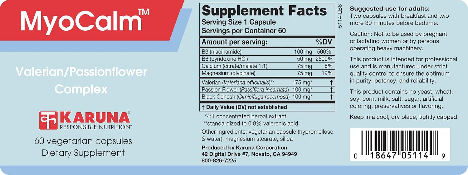 MyoCalm 60 Cápsulas Vegetarianas | Valeriana 175mg, Pasiflora 100mg, Cimicífuga 100mg, Calcio 75mg, Magnesio 75mg, B3 (niacinamida), B6 (clorhidrato de piridoxina)
