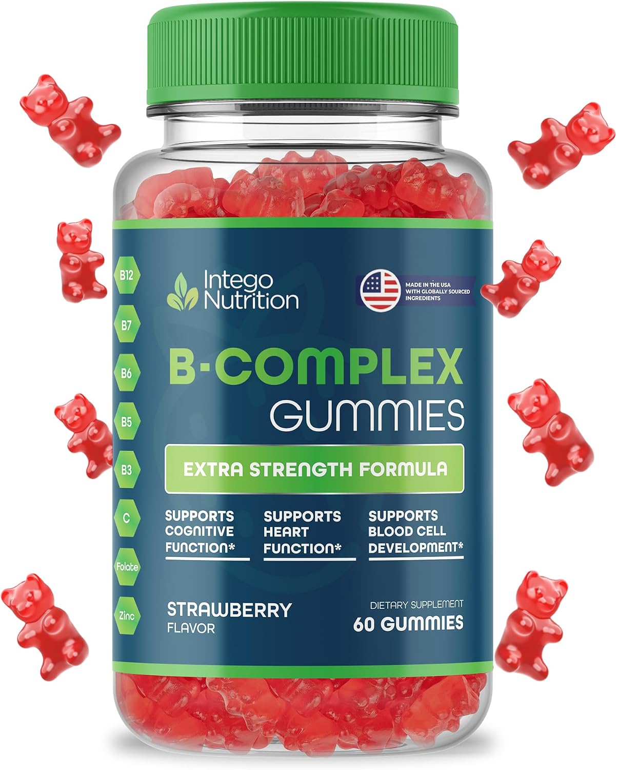 INTEGO NUTRITION Vitamin B Complex Gummies for Adults, B Complex Vitamin Supplement for Women and Men, B Vitamins Complex Gummies for Energy and Brain Health, Natural Strawberry Flavor, 60 Count