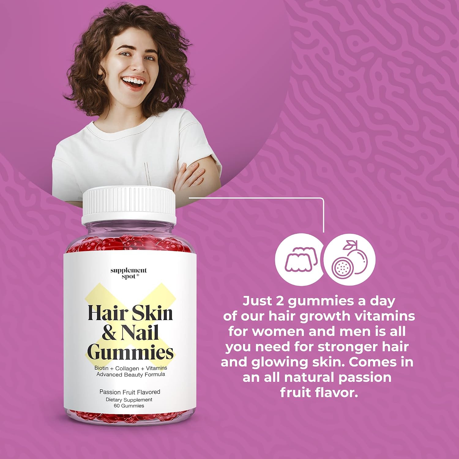 Gominolas de Biotina 6000 mcg con Colágeno para Cabello, Piel y Uñas - Sabor Maracuyá (60 Unidades)