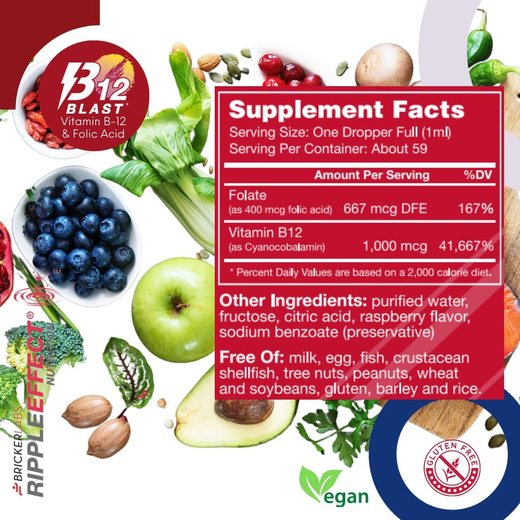 Bricker Labs B-12 Blast Liquid Vitamin B12 and Folic Acid, 59 ml (2 fl oz) - Raspberry Flavor