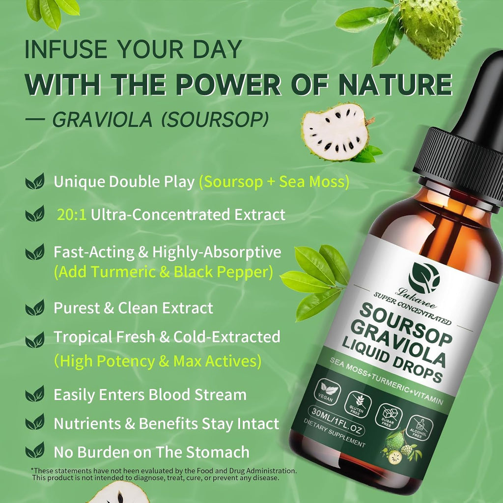 Lukaree Soursop Graviola Extracto Líquido con Sea Moss - 2 Pack, 30 ml cada uno