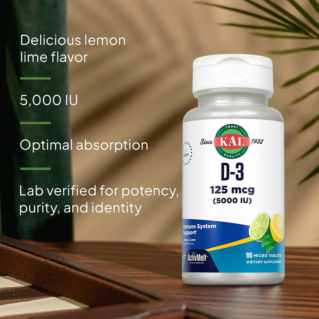 KAL Vitamina D3 5000 UI ActivMelt, Comprimidos Micro de Disolución Rápida, Sabor Limón-Lima Natural, 90 Comprimidos