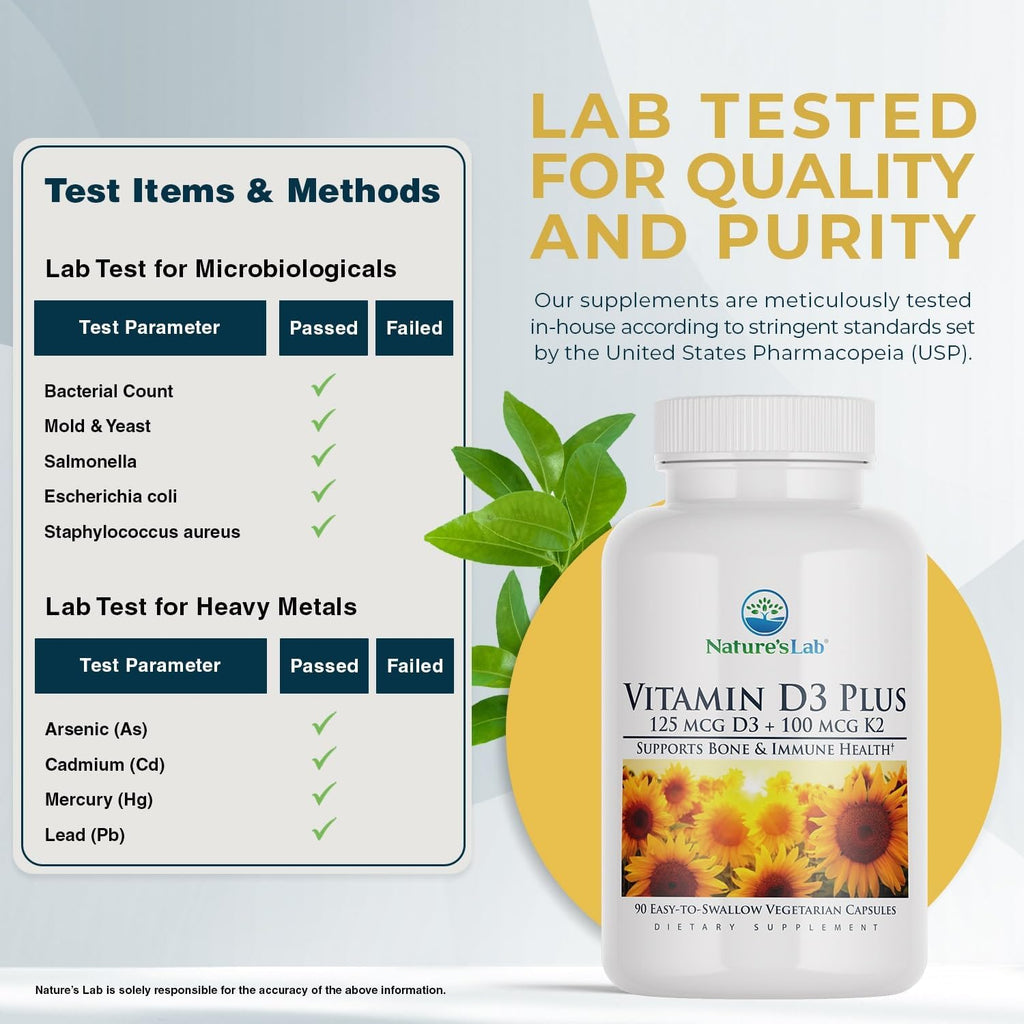 Nature's Lab Vitamin D3 Plus - Vitamina D3 y K2 (MK-7), 5000 UI + 100 mcg, 90 Cápsulas