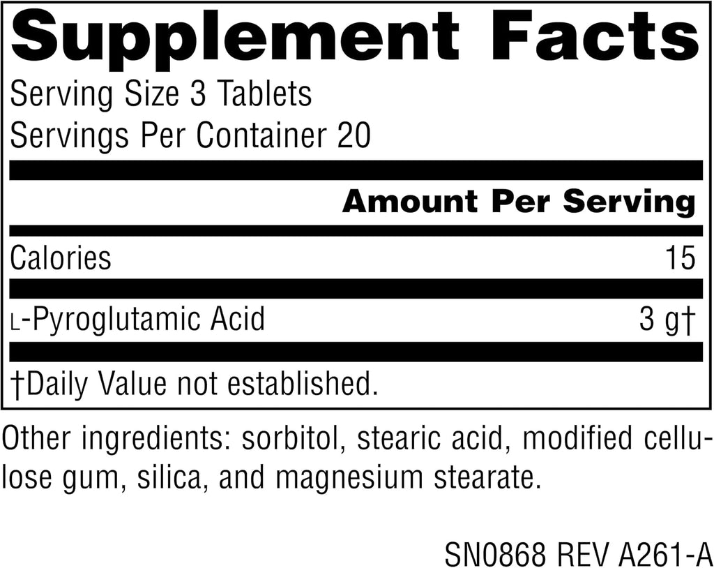 Source Naturals Ácido L-Piroglutámico - Suplemento Alimenticio - 1000 mg - 60 Comprimidos Vegetarianos