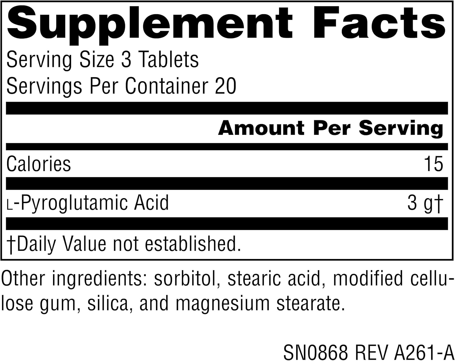 Source Naturals Ácido L-Piroglutámico - Suplemento Alimenticio - 1000 mg - 60 Comprimidos Vegetarianos