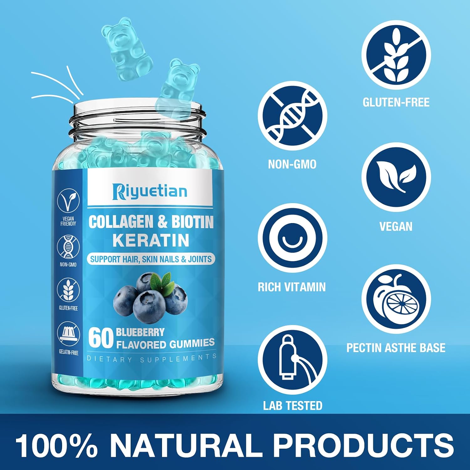 Riyuetian Biotin Gummies 15000mcg con Colágeno - Gomitas para Cabello, Piel y Uñas - Vegano, Sin OGM - 60 unidades