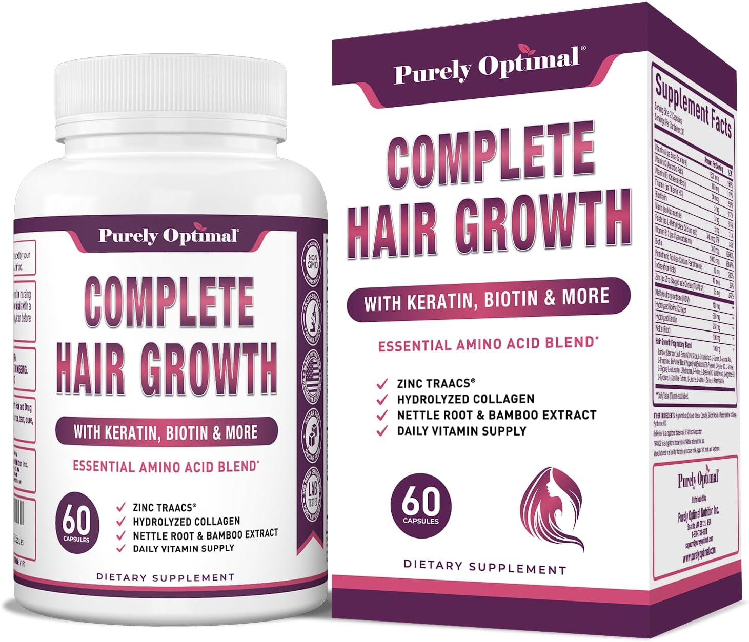Vitaminas para el Crecimiento del Cabello Purely Optimal – Biotina, Colágeno, Queratina – 60 Cápsulas