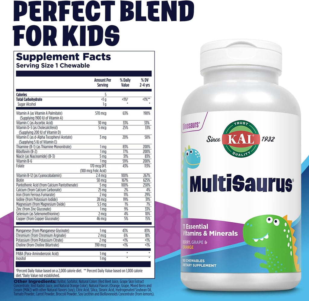 KAL MultiSaurus Multivitamínico Infantil - 180 Gomitas Dinosaurio con 11 Vitaminas y Minerales
