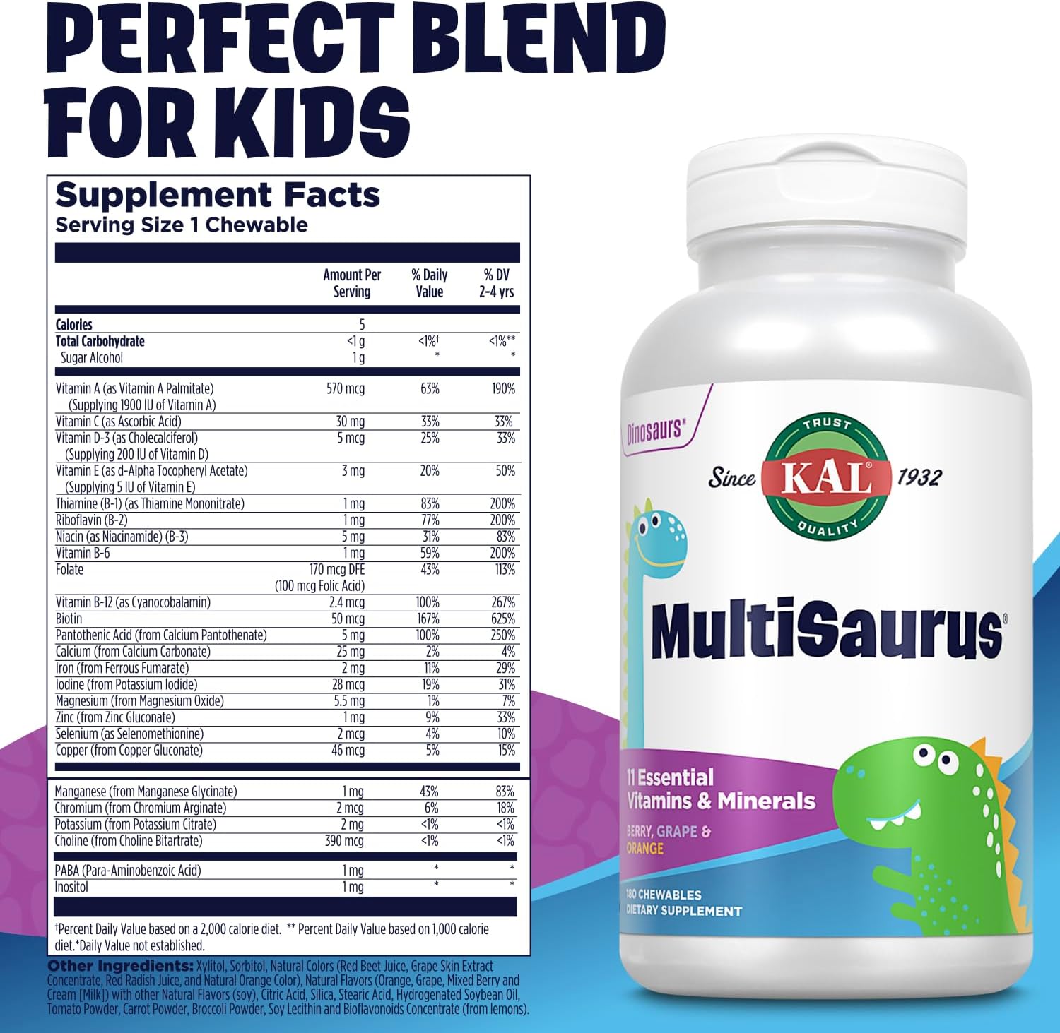 KAL MultiSaurus Multivitamínico Infantil - 180 Gomitas Dinosaurio con 11 Vitaminas y Minerales