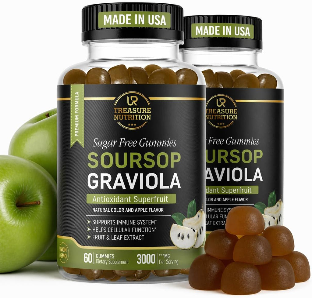 Gominolas de Hojas y Fruto de Guanábana (Soursop) - 3000mg de Extracto - Pack de 2 - 120 Gominolas - Sin Azúcar - Vegano