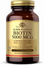 Solgar Biotin 5000 mcg - 50 Vegetable Capsules - Contributes to the Maintenance of Hair, Skin & Nails - Non-GMO, Vegan, Gluten Free, Dairy Free, Kosher