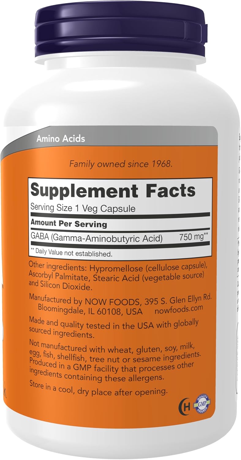 NOW Foods GABA (Ácido Gamma-Aminobutírico) 750 mg, 200 Cápsulas Vegetales